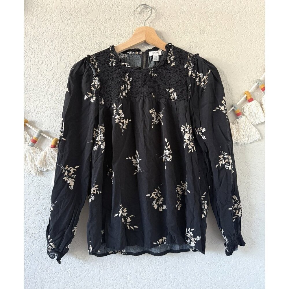 J. Crew Black Floral Smocked Long Sleeve Top Boho Feminine Relaxed Peasant XS